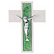 Wall crucifix in white resin with green Murano glass, silvery metal Christ, 5x4 in s1