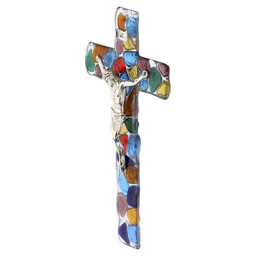 Multicolour Murano glass cross with silvery Christ, 6x4 in 2