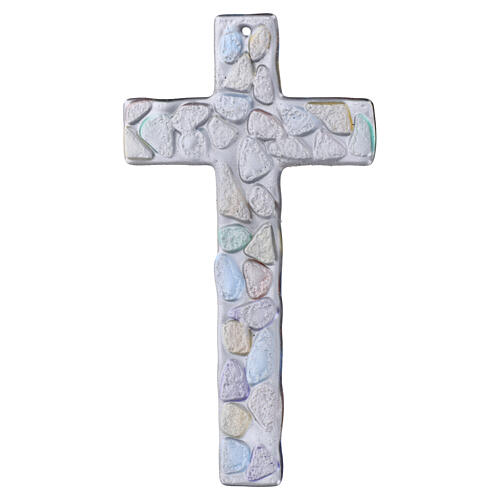Multicolour Murano glass cross with silvery Christ, 6x4 in 3