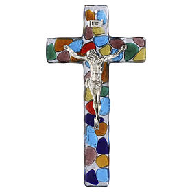 Croce multicolor in vetro di Murano con Cristo argentato 16x10,5 cm