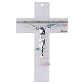 Crocifisso da parete in vetro di Murano satinato con dettagli rosa 16x10,5 cm
