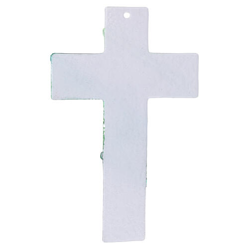 Cruz vidro de Murano acetinada com inserções verdes e Cristo prateado 16x10,5 cm 2
