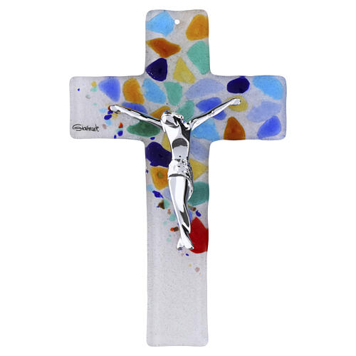 Cruz em vidro de Murano transparente com fragmentos multicoloridos 16x10,5 cm 1