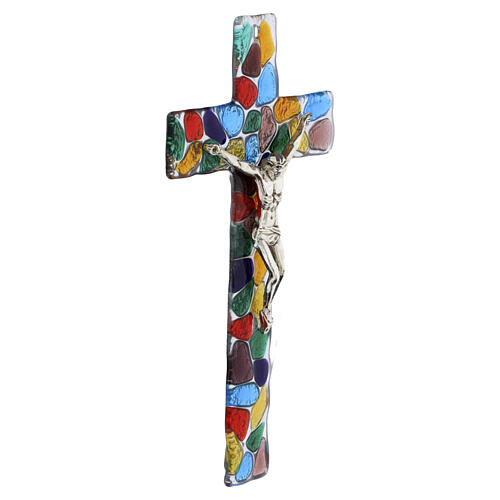 Croix multicolore en verre de Murano avec Christ argenté 20x10 cm 2