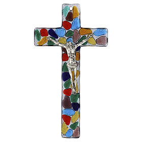 Croce multicolor in vetro di Murano con Cristo argentato 20x10 cm
