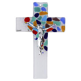 Crucifijo vidrio de Murano transparente fragmentos coloridos 20 x 10 cm