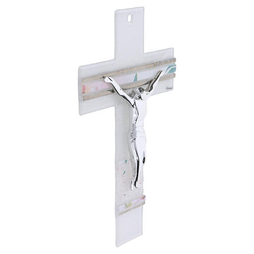 Satin-finished Murano glass cross with pink decoration and silvered Christ, 10x6 in 2