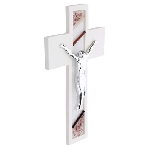White Resin Cross with Dark Pink Murano Glass and Silvered Christ, 25.5 x 14.5 cm 2