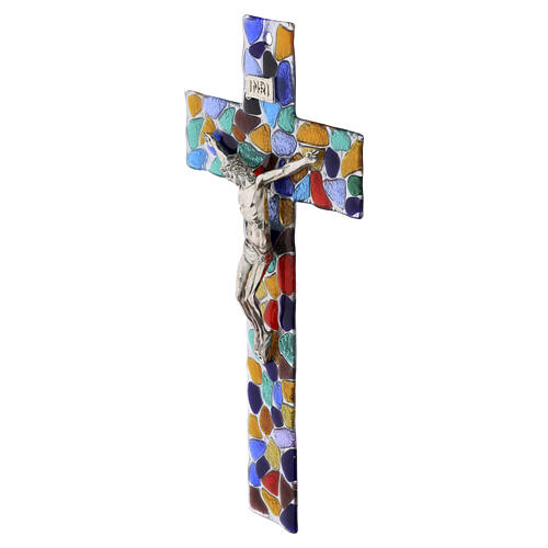 Krzyż ze szkła Murano z kolorowymi murrinami i posrebrzaną postacią Chrystusa, 35x20 cm 2