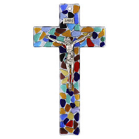 Cruz de vidro de Murano com murrinas coloridas e Cristo prateado 35x20 cm