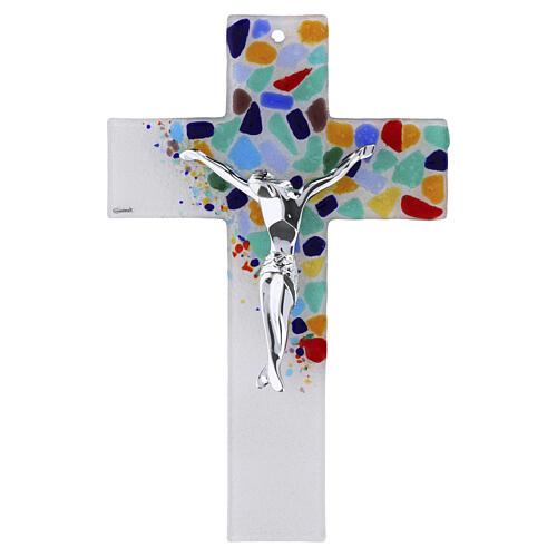 Croix en verre de Murano avec fragments colorés et Christ argenté 35x20 cm 1