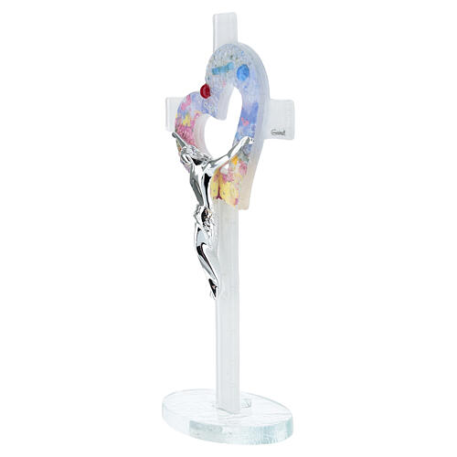 Tabletop cross with artistic glass heart and chrome-plated Christ, 9x5 in 3