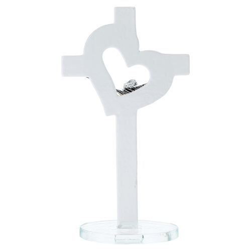 Tabletop cross with artistic glass heart and chrome-plated Christ, 9x5 in 4