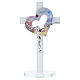 Tabletop cross with artistic glass heart and chrome-plated Christ, 9x5 in s1