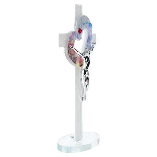 Croix à poser avec cœur en verre artistique et Christ chromé 20x10 cm 2