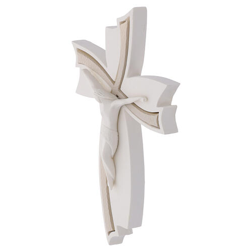Flared wall crucifix in matte white ceramic with taupe hammered-effect insets, 6x4 in 2
