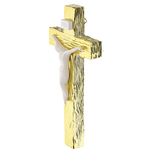 Gold wood-effect wall crucifix with white resin body, 16x8 cm 2