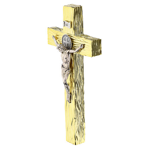 Saint Benedict wall crucifix with gold wood-effect finish and silver metal corpus, 16x8 cm 2