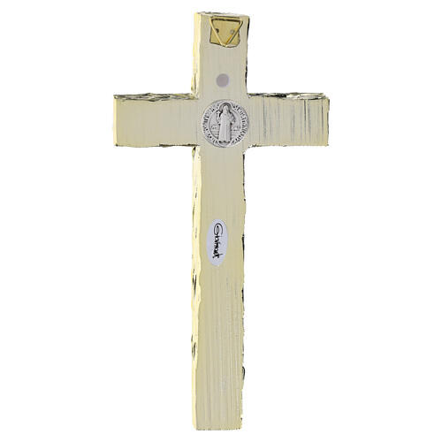 Saint Benedict wall crucifix with gold wood-effect finish and silver metal corpus, 16x8 cm 3