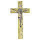 Saint Benedict wall crucifix with gold wood-effect finish and silver metal corpus, 16x8 cm s1