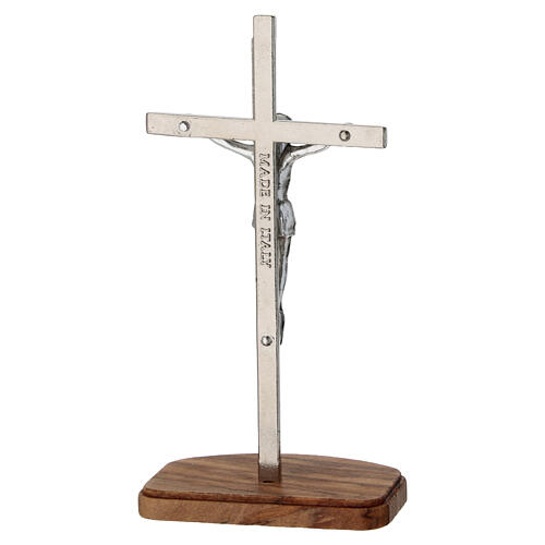 Crucifix métal argenté hauteur 12 cm base en bois d'olivier 5