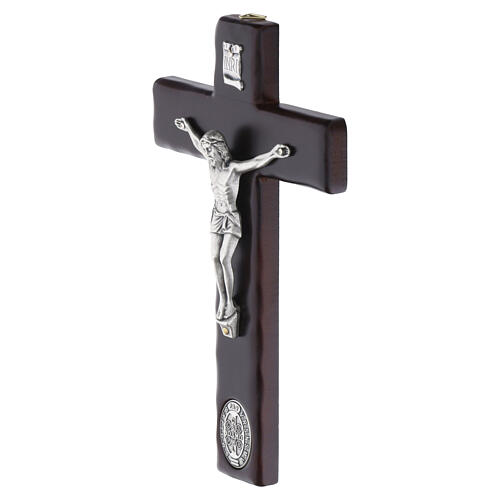 Cruz madera oscura 20x10 cm de pared con Cristo y medalla San Benito 2