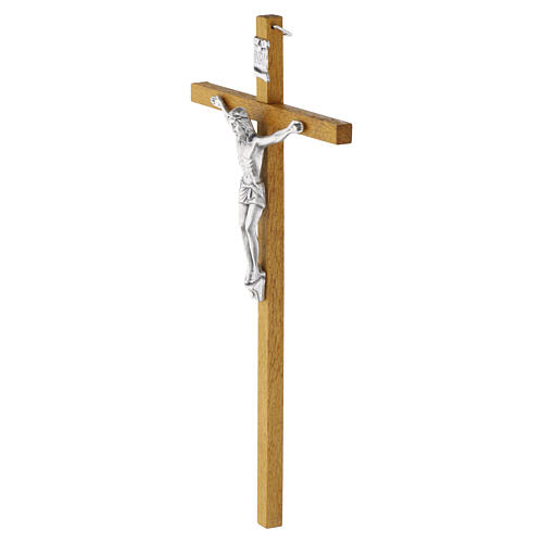 Light wood wall cross, metallic body of Christ, 10x5 in 2