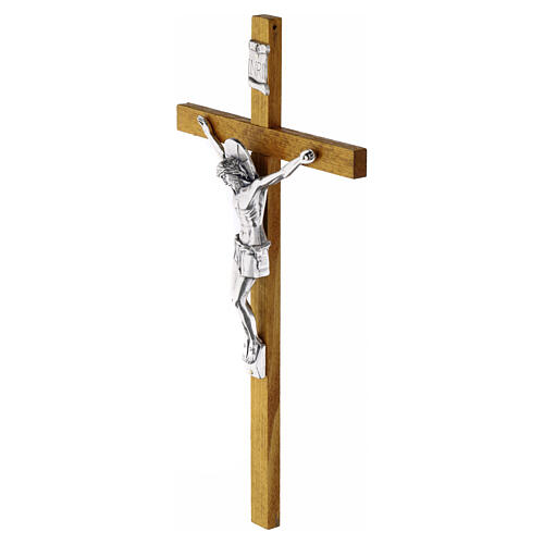 Wall cross, 12x6 in, pale wood with Christ and silver details 2