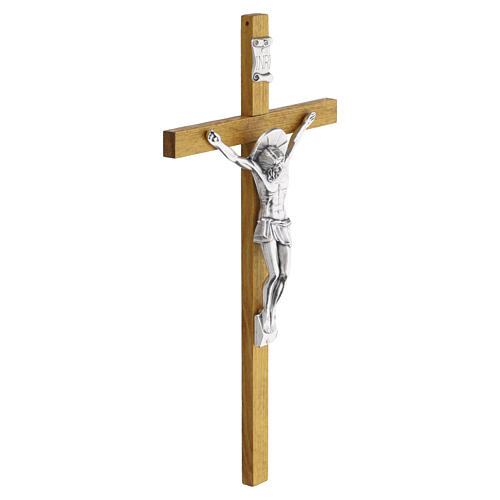 Crucifijo pared 30x15 cm madera clara con Cristo detalles plateados 3