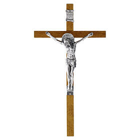Croce parete 30x15 cm legno chiaro con Cristo dettagli argento
