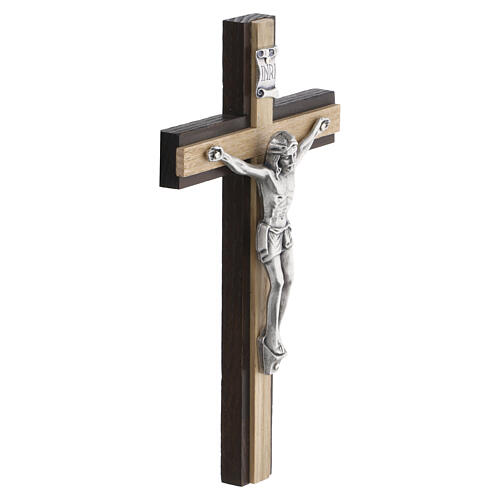 Bicolour wood wall cross with silver-plated metallic body of Christ, 8x4 in 3