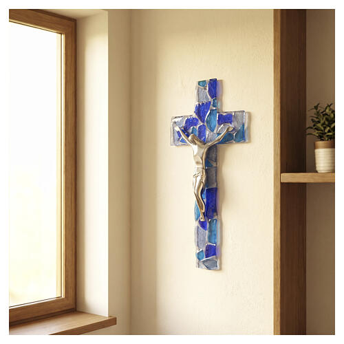 Murano Glass Mosaic Cross in Blue with Silvered Body, 25x15 cm 2