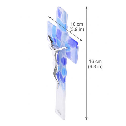 Blue pebble Murano glass crucifix with silver resin body, 16 cm 3