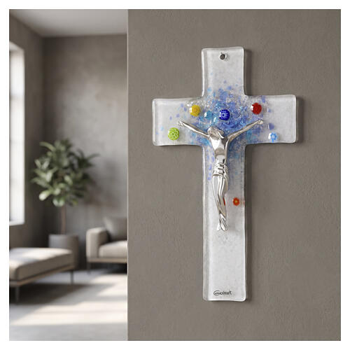"Cielo Blu" Murano glass wall crucifix with murrine, 6 in 2