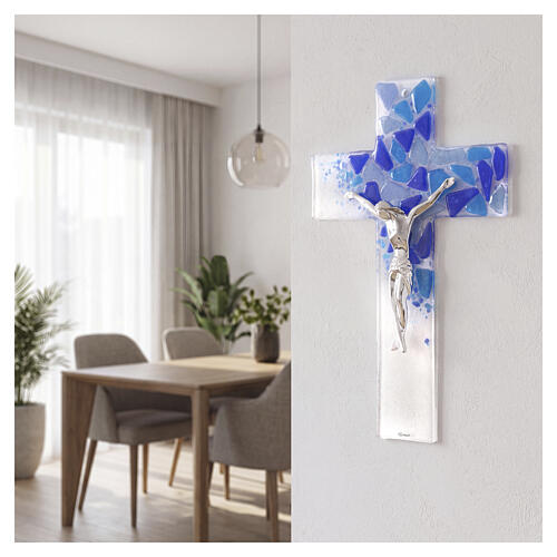 Crucifix galets bleus en verre de Murano 35x20 cm 2