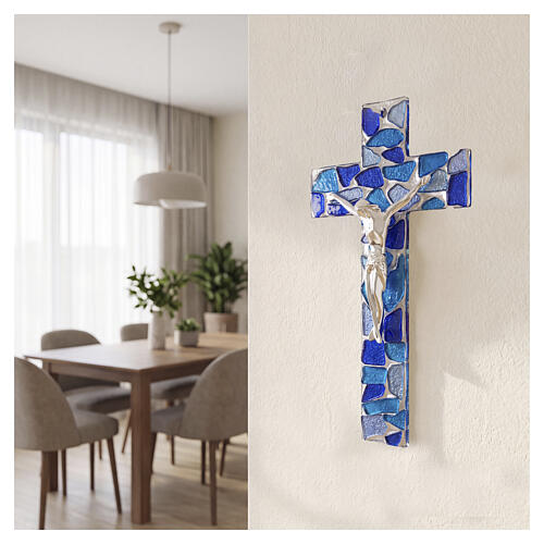 Mosaic Murano glass crucifix with silvered resin body of Christ, 14x8 in 2