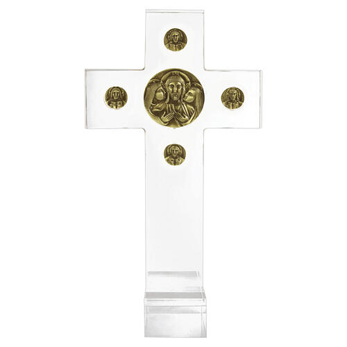 Plexiglass altar cross with circular bas-reliefs in burnished brass by Pical Arte 2