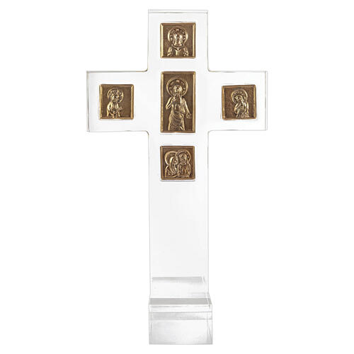 Cruz em acrílico com baixos-relevos quadrados e retangulares folheados em ouro 18 kt Pical Arte 2