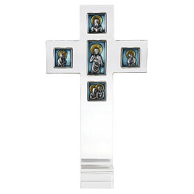 Plexiglass cross with square and rectangular colored bas-reliefs, 925 silver-plated, Pical Arte