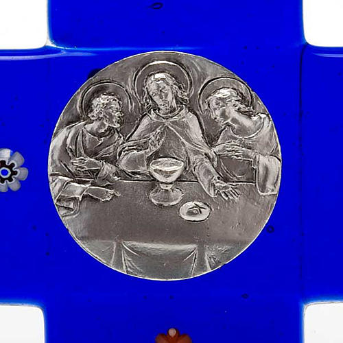 Kreuz mit Emmaus Abendmahl aus blauen Glas, Murano. 3