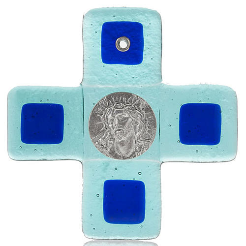 Cross in turquoise Murano glass, face of Christ 1