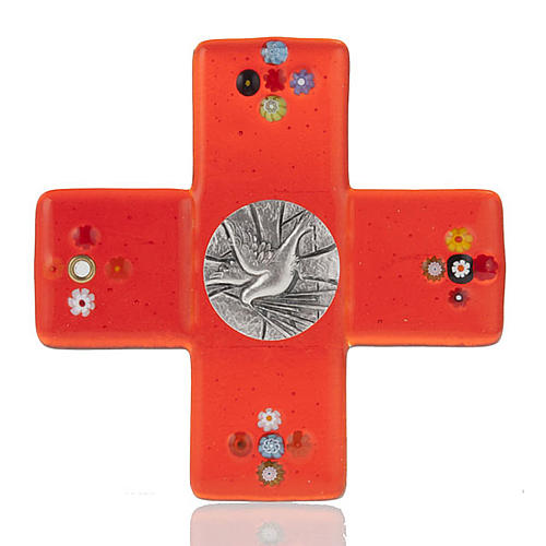 Cross in red Murano glass and Holy Spirit medal 1