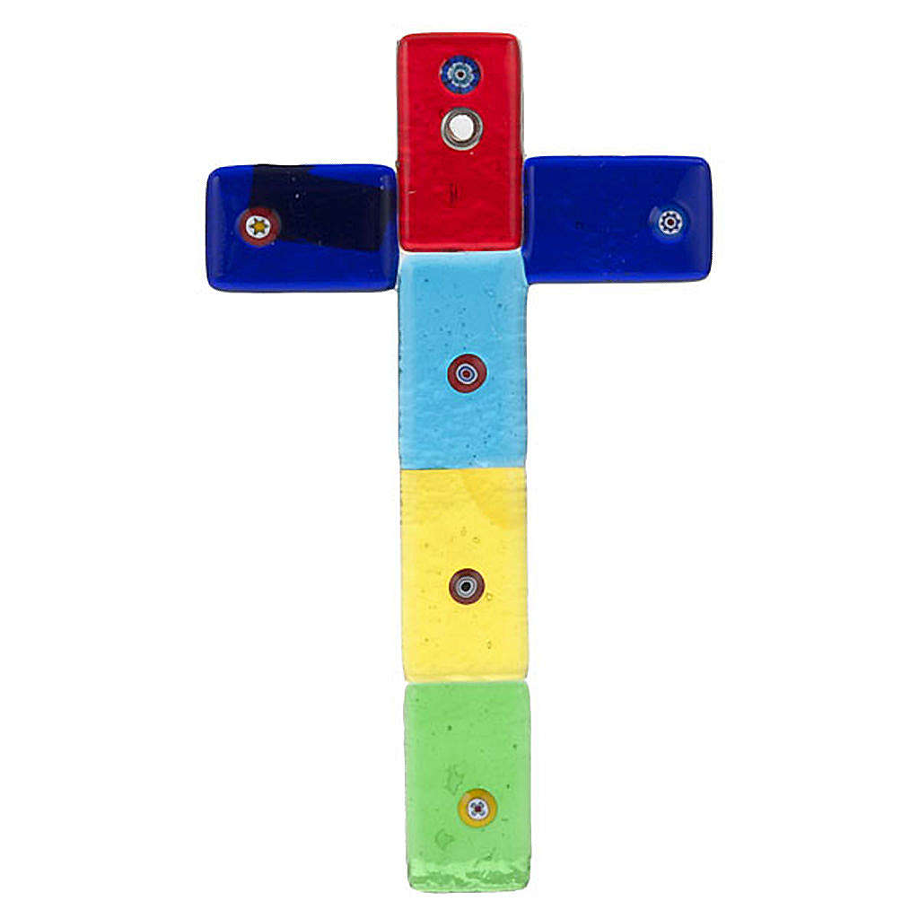 Croce In Vetro Di Murano Multicolore Con Motivo Floreale - Dimensioni 16 X 9 Cm, Oggetto Artigianale Veneziano