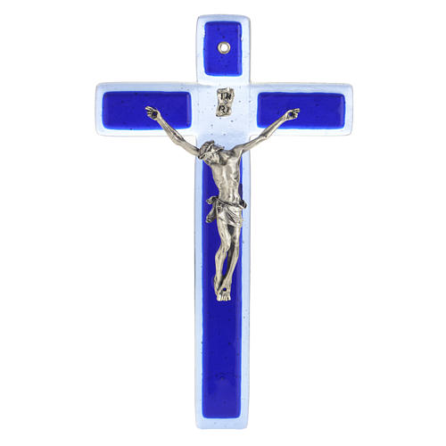 Crucifix in blue Murano glass with silver body 1