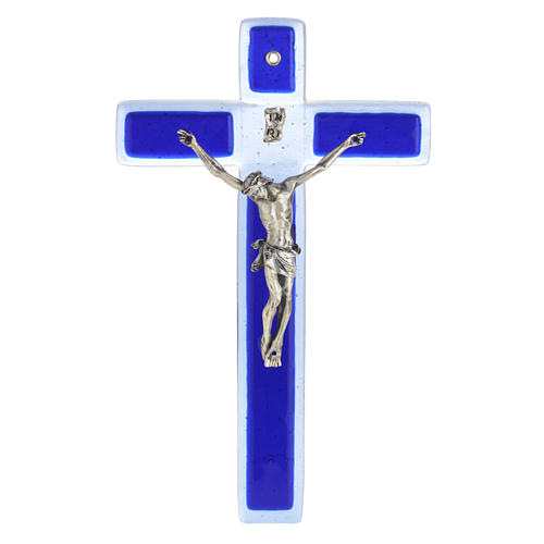 Crucifix verre Murano bleu Corps argenté 1