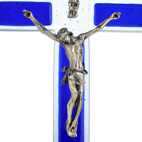 Krucyfiks szkło Murano niebieskie ciało Chrystusa posrebrzane 2