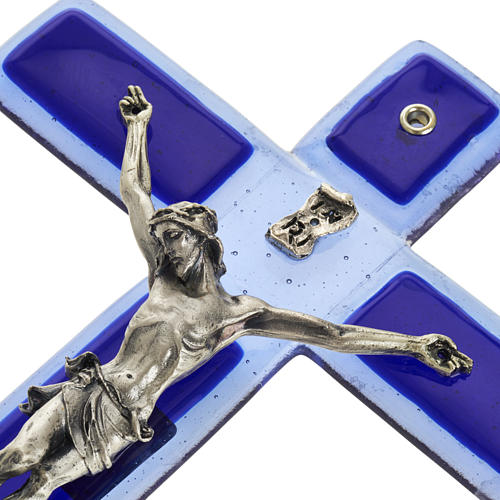 Krucyfiks szkło Murano niebieskie ciało Chrystusa posrebrzane 6
