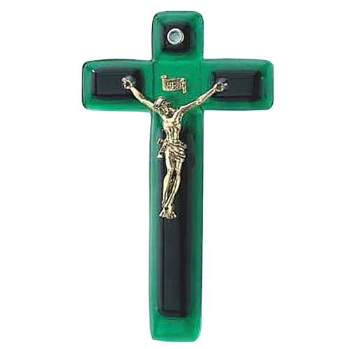 Kruzifix aus grünen Glas und Metall. 1