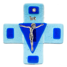 Kruzifix aus hellen blauen Glas, 12x12cm.