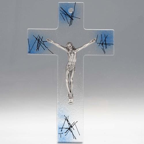 Kruzifix aus Glas mit blauen Dekorationen. 1
